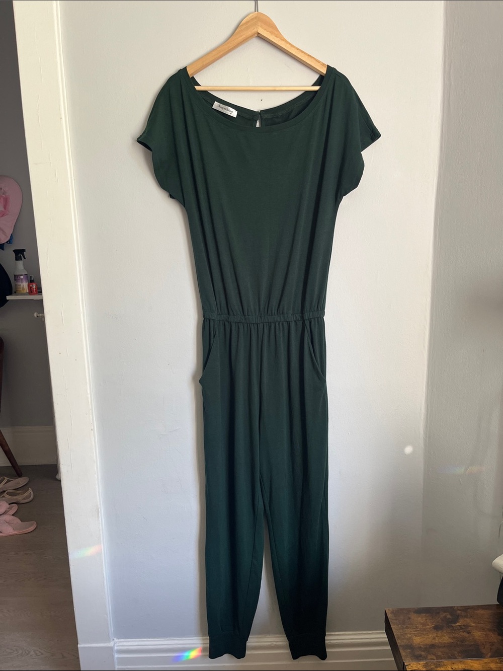 Casual Forest Green Short-Sleeve Jumpsuit with Elastic Waist